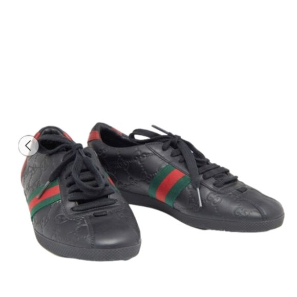 GUCCI Guccissima‎ Black Leather, Web Ace Sneakers Low Top. Size 35 1/2. … - Picture 1 of 10